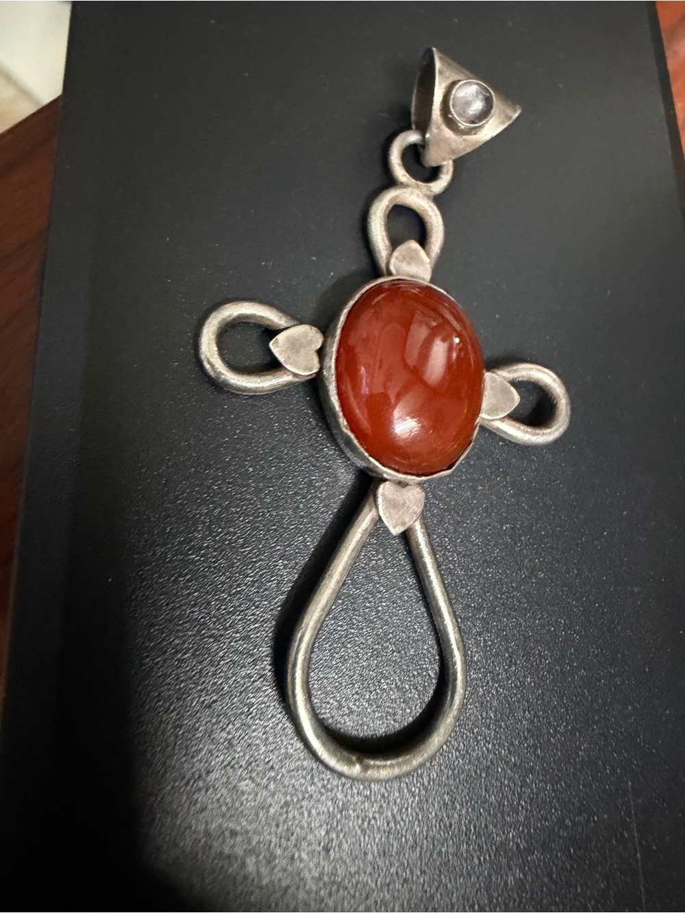 Sterling Silver Cross Pendant with Red Carnelian Stone & Amethyst signed